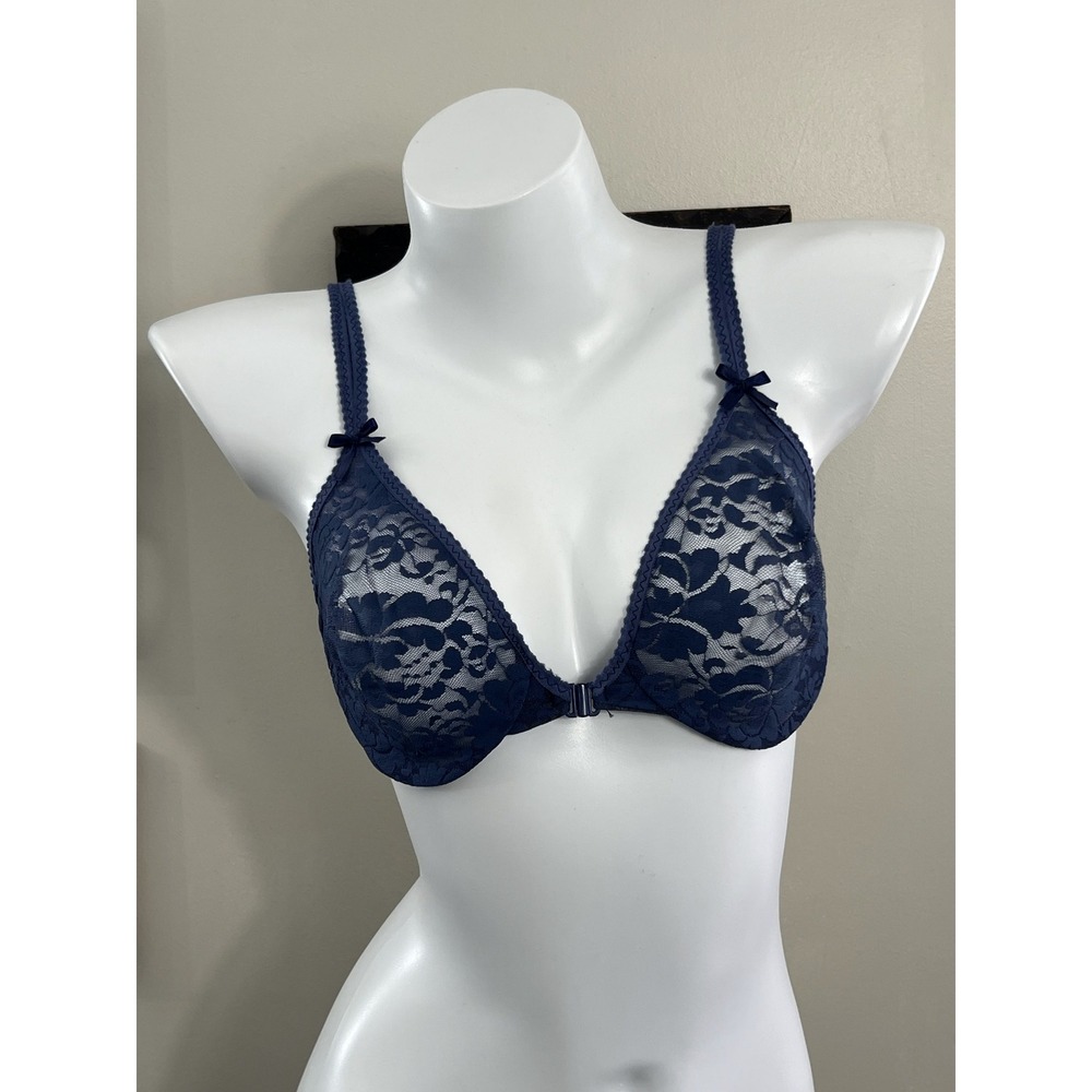 Vintage Lingerie Cacique Blue Sheer Floral Lace Front Closure Bra Size 36C